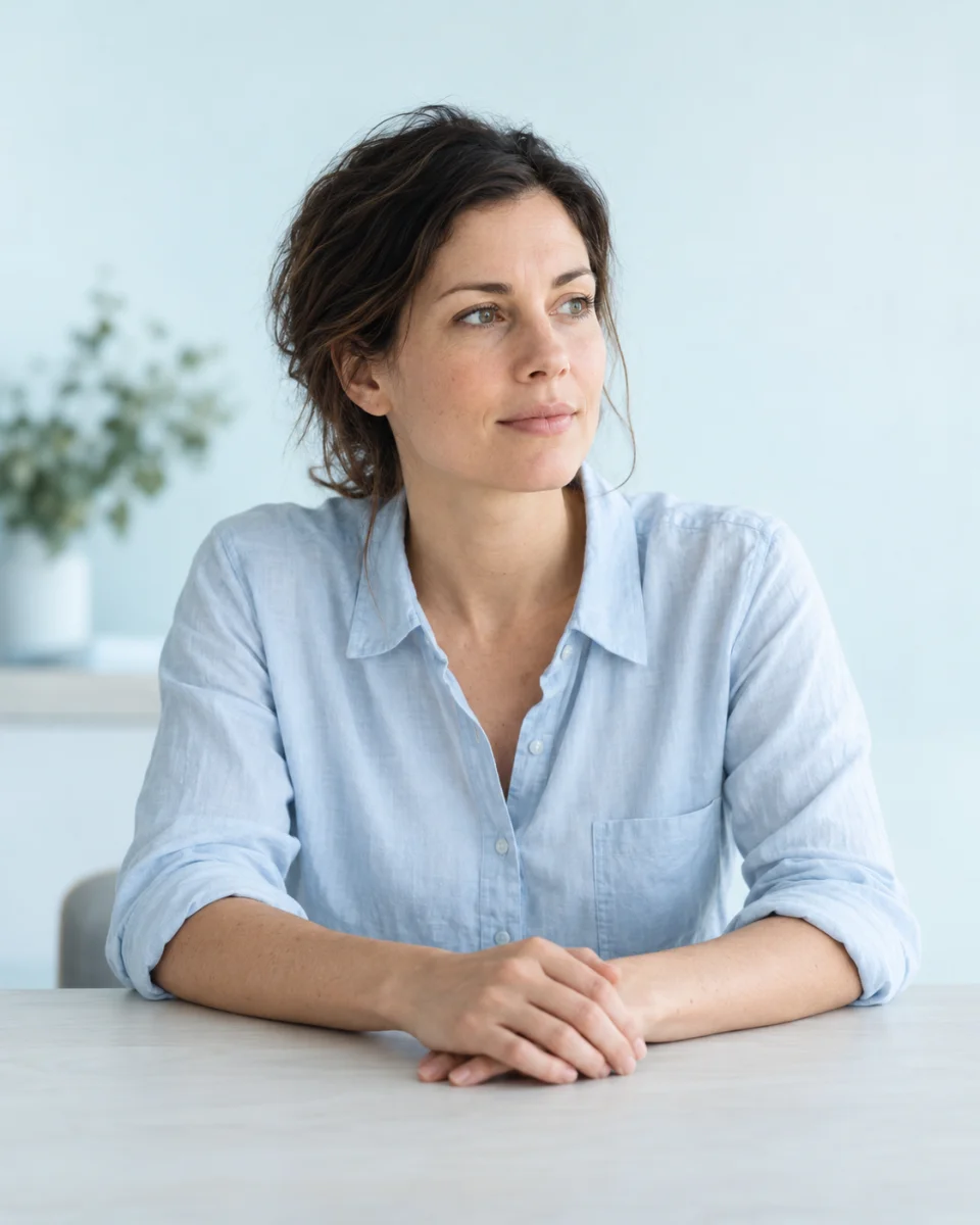 A woman sitting calmly at a table with her hands resting in front of her.